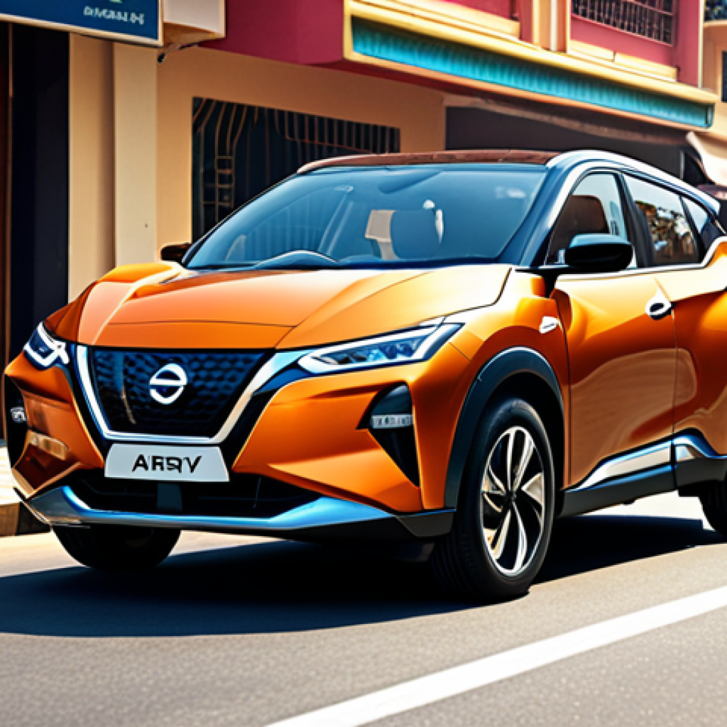 **

"A sleek, modern Nissan Ariya electric SUV driving smoothly on a well-paved city street in India. The focus is on the smooth ride and handling, showcasing its ability to navigate urban roads with ease. The background features typical Indian city scenery – shops, people, and other vehicles. Bright daylight."

**