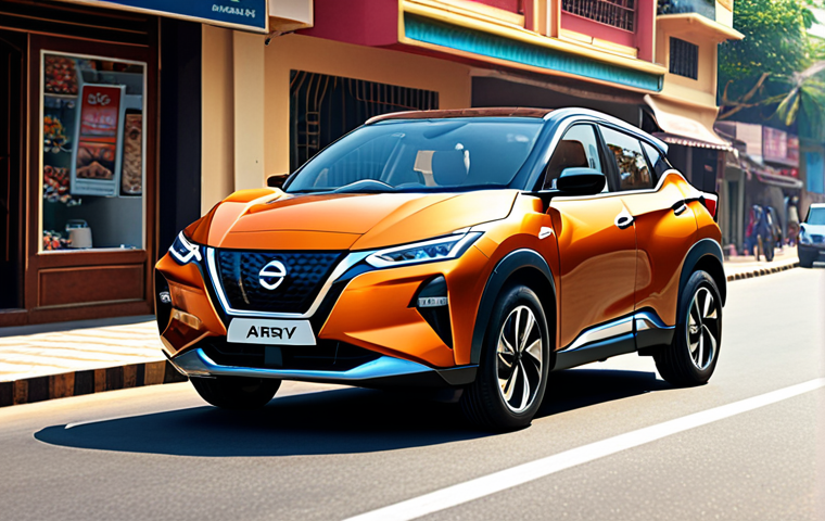 **
"A sleek, modern Nissan Ariya electric SUV driving smoothly on a well-paved city street in India. The focus is on the smooth ride and handling, showcasing its ability to navigate urban roads with ease. The background features typical Indian city scenery – shops, people, and other vehicles. Bright daylight."
**